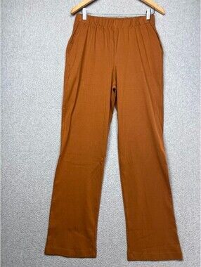 Lands End Sport Knit Pants Womens M Tall Rust Brown Straight Leg Pull On Cotton
